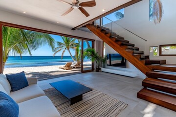 Fototapeta premium House, beachfront bungalow, casual comfort embraces the beach lifestyle with breezy interiors and easy access to the sand