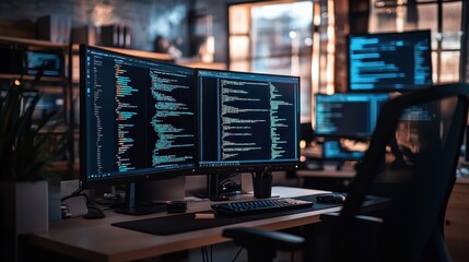 Naklejka premium Coding Workstation in a Dimly Lit Tech Office