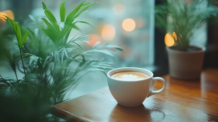 White hot coffee cup on a cafe table with green plants in the background.