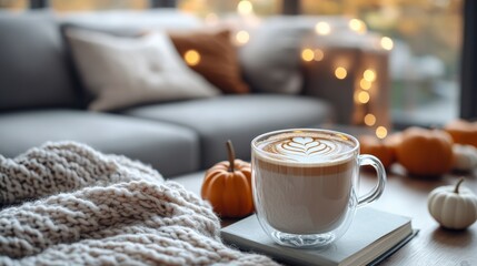 Modern living room with soft lighting and Scandinavian design. Pumpkin latte in a glass in a cozy bright living room. autumn comfort at home