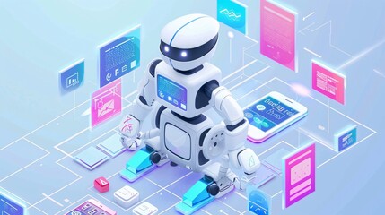 Obraz premium Futuristic Robot Navigating a Digital Network