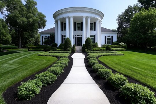 House, colonial style, classic symmetry features columns, shutters, and a formal layout