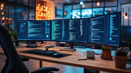 Coding Workspace with Multiple Monitors and Desk Setup