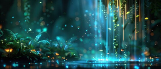 Fototapeta premium Enchanted Waterfall Wonderland - Mystical Digital Art Background of Glowing Water and Magical Creatures in