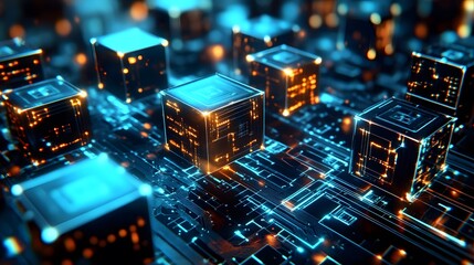 3D Matrix of Glowing Data Cubes: A Futuristic Blueprint of Big Data Complexity on Circuit Canvas