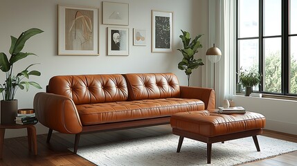 A modern living room with a brown leather sofa and ottoman creates a stylish vibe.