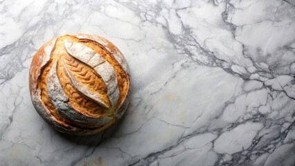 Overhead view of freshly baked sourdough artisan bread on a marble background with copyspace
