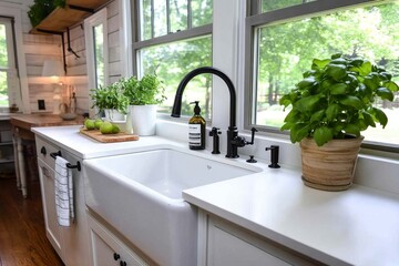 Fototapeta premium House, farmhouse style, country warmth combines wood accents, cozy textiles, and a big farmhouse sink