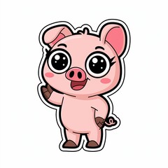 Naklejka premium Cute Childish Kawaii Piggy Character Sticker Standing with Big Round Eyes, Pink Snout, and Happy Expression, Thick Black Outline isolated on a white background