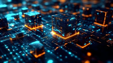 3D Matrix of Glowing Data Cubes: A Futuristic Blueprint of Big Data Complexity on Circuit Canvas