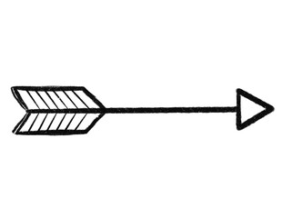 弓矢風の手描きの矢印、正三角形の矢じり中抜き