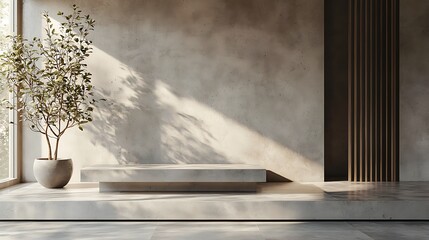 A minimalist interior design features a concrete podium and a delicate plant.