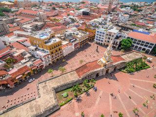 Cartagena de Indias Downtown Clock Tower Plaza aerial shot in Colombia