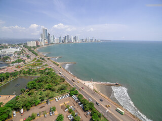 Fototapeta premium Cartagena de Indias Downtown beaches and parks with tall buildings blue sky- aerial shot in Colombia