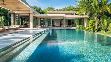 Fototapeta premium A tropical modern villa with a large open living space, blending indoor and outdoor areas. The villa opens up to a stunning pool with clear blue water, surrounded by lush greenery and palm trees.