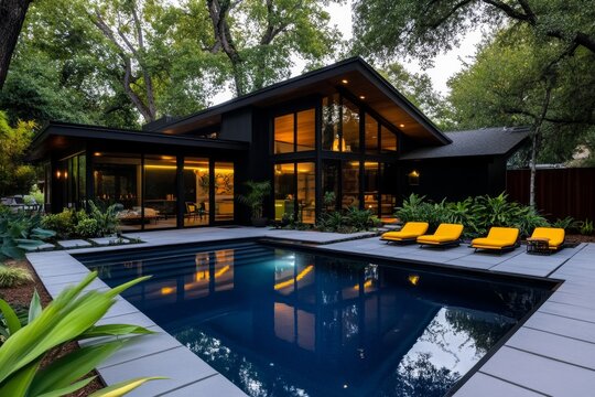House, mid-century modern, retro appeal features bold geometric shapes, clean lines, and vibrant colors