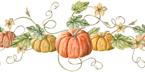 Seamless border with pumpkins. Isolated watercolor illustration on harvest theme for farm products design, printing on fabric, packaging, cards