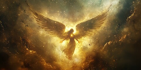 Angelic figure with wings in a glowing nebula.