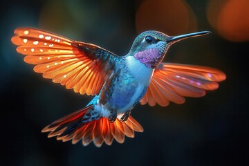 Fototapeta premium iridescent hummingbird in flight extreme closeup capturing intricate feather details and vibrant colors against softfocus dark background