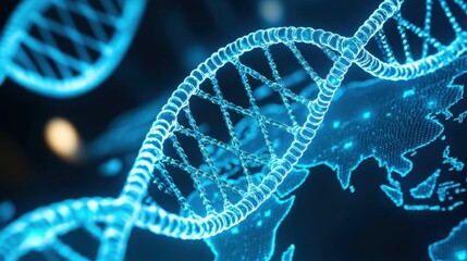 Fototapeta premium An intricate representation of DNA strands glowing in blue, illustrating the beauty of genetics and molecular biology.