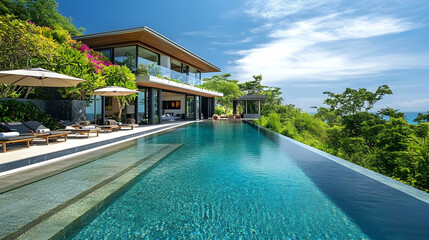 A tropical villa with modern architecture, featuring a large pool with crystal-clear blue water in the foreground. The villa is surrounded by vibrant greenery, and the poolside area is adorned with