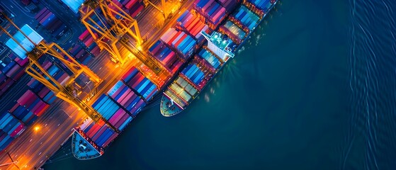 Aerial view of a busy container port at night, with illuminated cranes and colorful cargo containers ready for shipment.