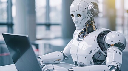 Futuristic Robot Working on Laptop
