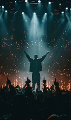 silhouette of black african american hip hop artist or rapper on illuminated scene with crowd of people, musical festival event with famous celebrity