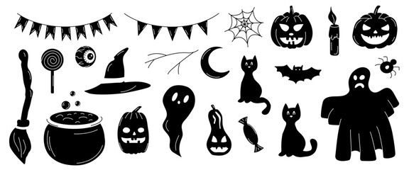 Naklejka premium Set of black Halloween elements on a white background, for scrapbooking, design, cards, banners