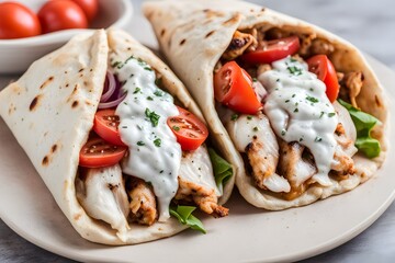 Chicken gyro with grilled chicken tzatziki sauce tomatoes and onions wrapped in pita bread, AI Generated