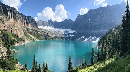 A stunning view of a glacier-fed lake surrounded by towering mountains and pine trees.