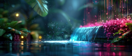 Mystical Illumination - Enchanted Waterfall in Ethereal Digital Art | Background