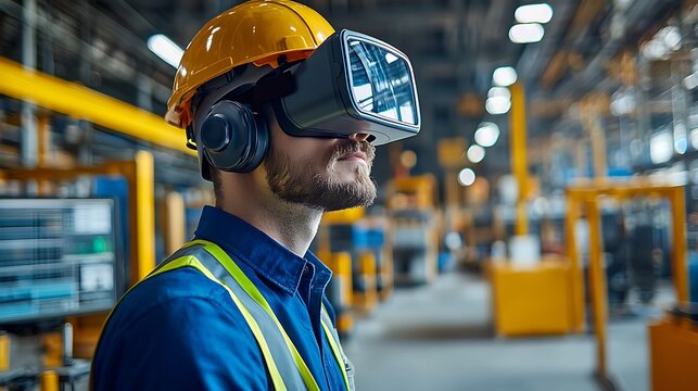 An industrial worker uses a VR headset for immersive training in a futuristic setting.