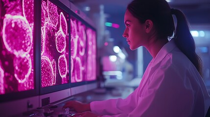 A female scientist analyzes data on a computer screen, deep in her laboratory work.