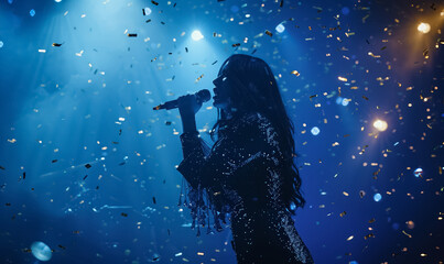 beautiful woman singing in microphone at stage of musical festival, female artist sing song on scene