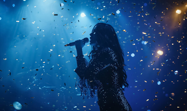 beautiful woman singing in microphone at stage of musical festival, female artist sing song on scene - Powered by Adobe