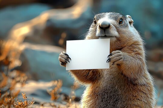 Hyber realistic photo of  Groundhog Day, groundhog holding a mock up card, groundhog holding a blank white card   , copy space for text,