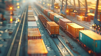 Fototapeta premium Cargo Train on Railroad Tracks at Sunset