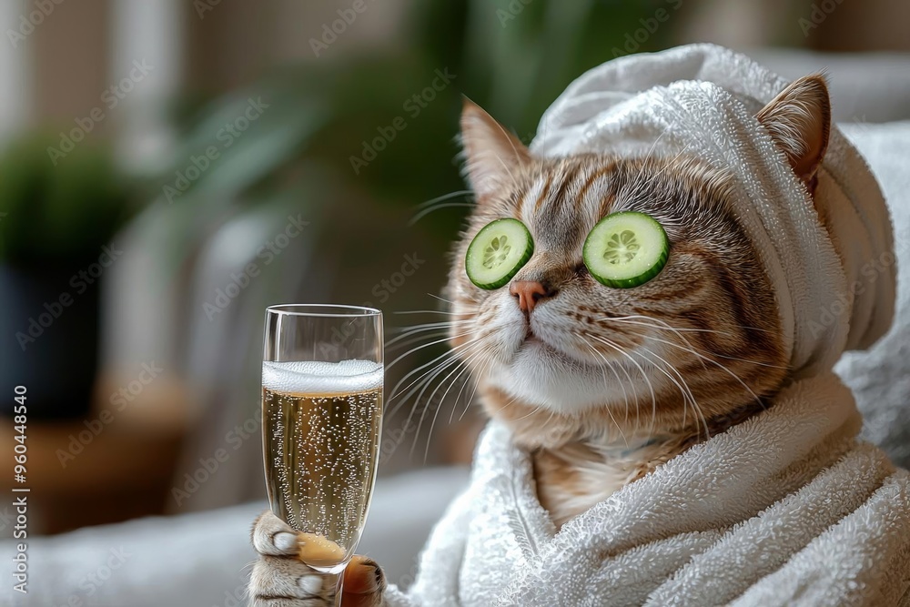 Wall mural hyber realistic photo of cat relaxing in spa with cucumber slices on eyes holding a glass of champag