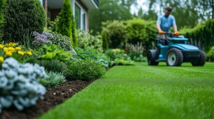 Gardener mowing a lush green lawn with landscaping plants in the foreground, demonstrating garden care and lawn maintenance.