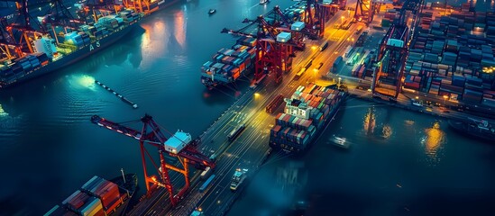 Naklejka premium Aerial view of cargo ships docked at a busy port with cranes operating under bright lights, reflecting on calm waters at night.