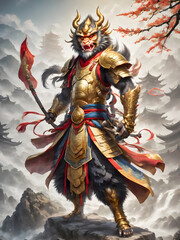 Obraz premium Chinese monkey warrior in the foggy forest. Chinese style painting.