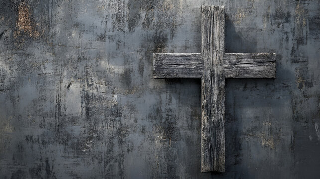 un muro o pared con textura vintage en color gris pintado con espacio de copia con una cruz de madera oscura religion y fe esperanza y oracion concepto de Dios y creencias espiritualidad