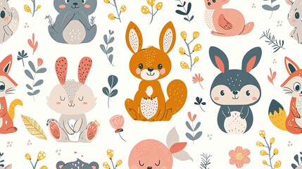 Seamless Pattern with Cute Cartoon Animals and Floral Elements
