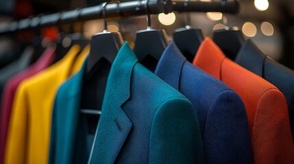 Naklejka premium Vibrant suit jackets on hangers line a clothing store display.