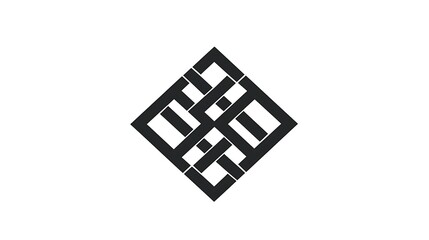 A black geometric pattern with diamond shapes creates a bold, abstract logo.