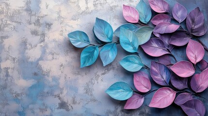 Obraz premium Elegant leaves in purple and teal, set against a gray background, create an elegant and calming wallpaper design.