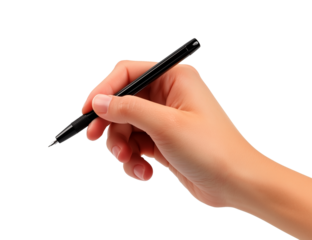 Hand holding sleek black pen with perfectly manicured fingers, elegant office stationery, professional workspace, detailed fingernails, isolated PNG on transparent background, minimalist and stylish d