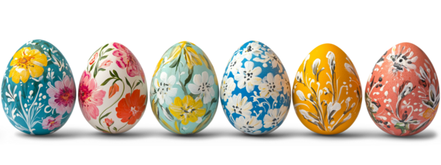 Decorative Easter eggs painted with vibrant colors like blue, pink, green, yellow, and red, arranged in a row, isolated PNG on transparent background.






