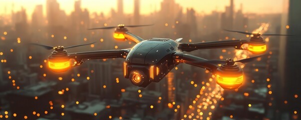 A sleek, angular drone with glowing accents hovers against a vibrant skyline, capturing data from bustling urban streets, photorealistic textures, dramatic lighting